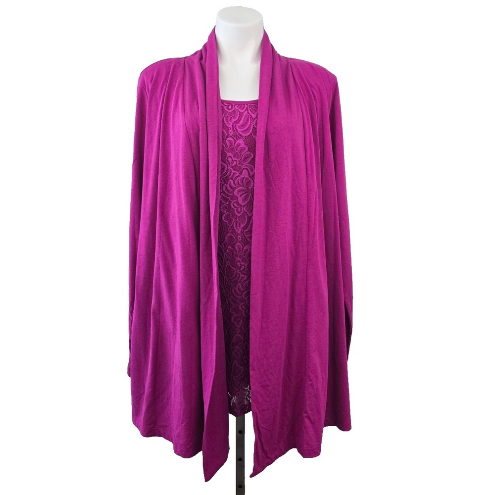 Woman Within Faux Lace Cami‎ Cardigan Long Sleeve Pink L